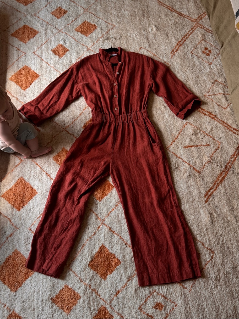 Linenfox Rust Red Linen Button-Front Jumpsuit